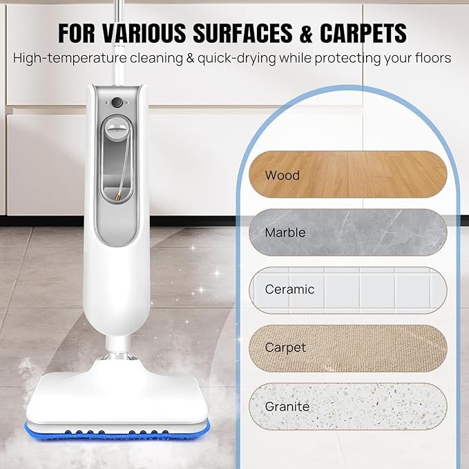 Steam Mop for Floor Cleaning Multi Purpose Handheld Steamer Cleaner for Vinyl Laminate Carpet Tile Hard Floor Grout w/ 2 Pad 16ft Cord 13.5Oz Tank Adjustable Steam Modes White