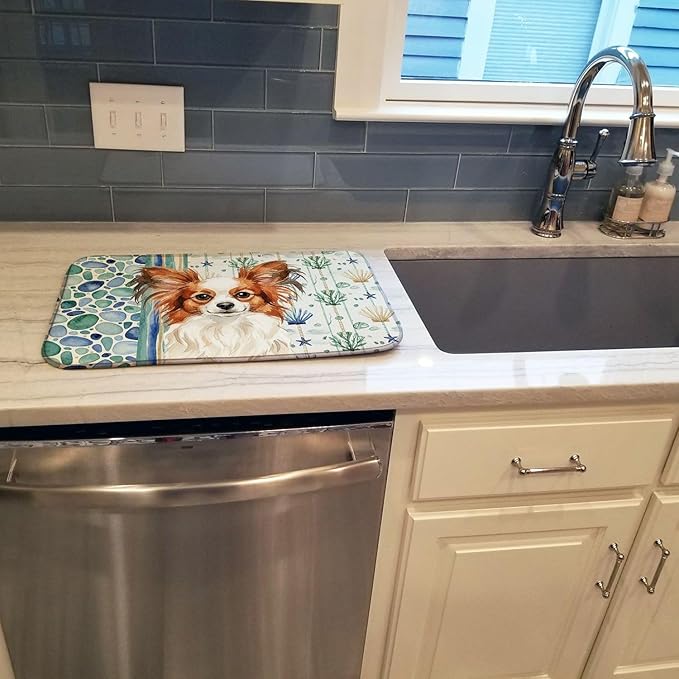 Caroline's Treasures White with Red Papillon Coastal Sea Glass Dish Drying Mat Absorbent Dish Drying Mat Pad for Kitchen Counter Dish Drainer Mat for Countertop 14 x 21 Multicolor