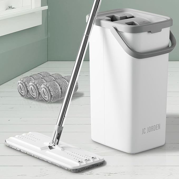 Mop and Bucket with Wringer Set Hands Free Flat Floor Mop and Bucket 3 Washable Microfiber Pads Included Wet and Dry Use Home Floor Cleaning System for All Floor Types and Windows