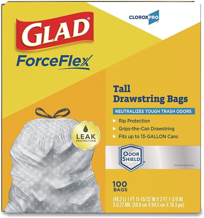 Glad ForceFlexPlus Tall Kitchen Drawstring Trash Bags -13 Gallon White Trash Bag OdorShield -100 Count (Packaging May Vary) Pack of 6