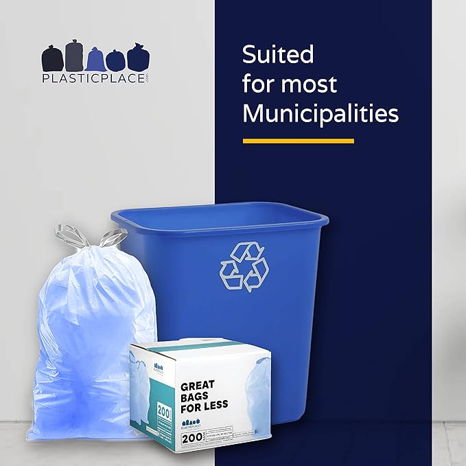 Plasticplace Custom Fit Trash Bags Compatible with simplehuman Code V (200 Count) Tinted Blue Drawstring Garbage Liners 4.2-4.8 Gallon 14.5 x 28