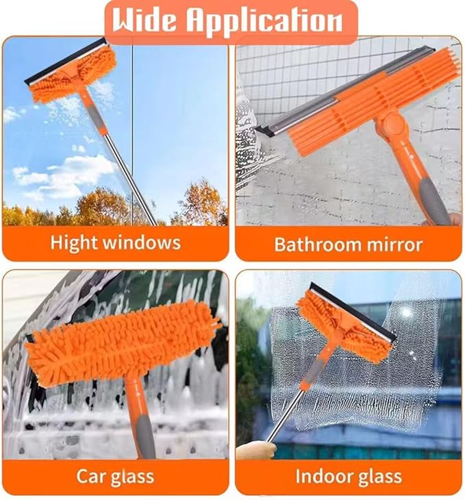 Window Squeegee Cleaner Kit - 2-in-1 Rotatable Window Cleaning Tool with Extension Pole Professional Streak-Free Squeegee with Bendable Head for Indoor/Outdoor Windows &amp Car Glass (Orange 38.45F