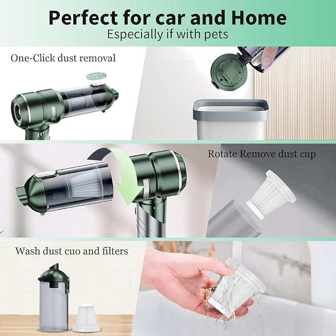 Car Vacuum Portable Cordless 22000PA High Power Handheld Mini Vacuum Cleaner Rechargeable Foldable with Brushless Motor Air Blower Duster Pump for Car Home Office Pet (Grayish Green)