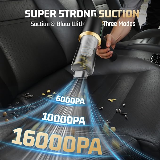 Car Handheld Vacuum Cordless: Car Vacuum Cleaner with 16000Pa Ultra-Strong Suction Brushless Motor &amp HEPA Filter - Lightweight Design for Driver and Office Worker - Off Black