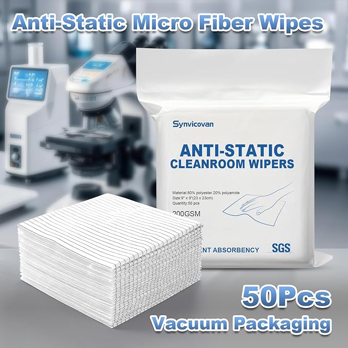 Anti-Static Microfiber Wipes 9x9(50 PcsClass 100 200GSM) Lint Free Cloths Reusable Special ESD protection design is suitable for protecting sensitive electronic components and tools