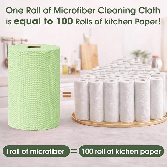 Microfiber Cleaning Cloth Roll - 100 Pack Tear Away Microfiber Paper Towels Reusable Washable Scratch-Free Kitchen Towels for Car Home Kitchen Glass Dishes(Bean Green)