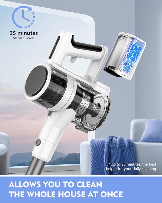 Cordless Vacuums 80000PRM Powerful Motor Vacuum Cleaner and 2200mAH Rechargeable Battery up to 35 Mins Worktime 2 Adjustable Modes Detachable Parts Wireless Stick Vacuum (Beige White)