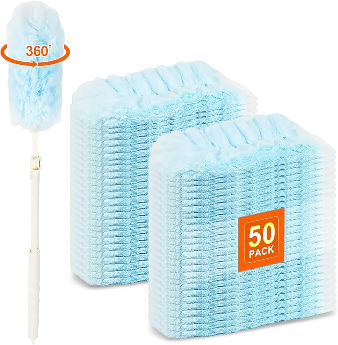 50 Count Heavy Duty Duster Refills for Swiffer Duster Multisurface 360 Dusters Replacements with 3 ft Extended Handle Unscented Disposable Dusters for Cleaning Home Blinds Ceiling Fans Furniture