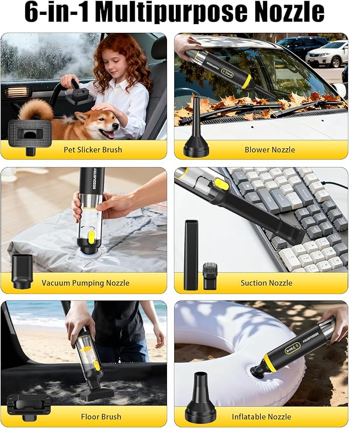 SEEDUSTRY Handheld Vacuum Cleaner Cordless Mini Small Car Vacuum Portable Pet Hair Vacuum 3 Suction Modes-Up to 18000pa 6 Blow &amp Suck &amp Deflate &amp Inflate Nozzles for Car Pet Office