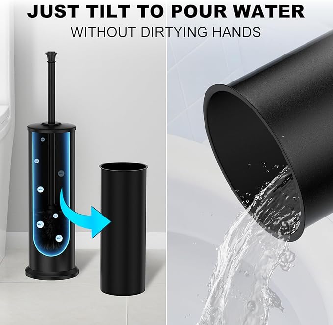 Black Toilet Brush and HolderExtra Long Handled Toilet Brush for BathroomStainless Steel Heavy Duty Toilet Bowl BrushRemovable Inner BowlDeep Cleaning Dense Bristles Cleaner Brush -Space Saving