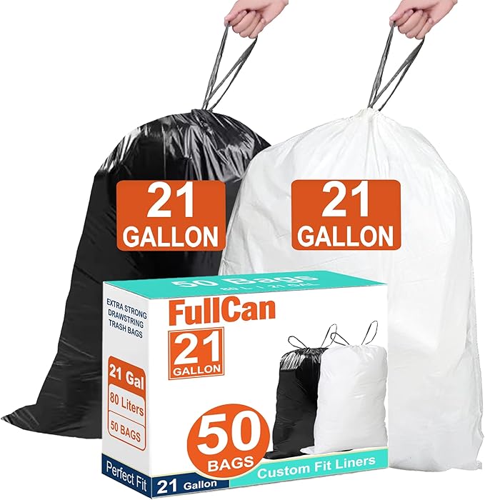 21 Gallon Heavy Duty Trash Bags 1.2 Mil THICK 50 Count White and Black with Reinforced Drawstring Tear &amp Leak Resistant Fits All 20-21 Gallon and 65 Liter 75 Liter 80 Liter Trash Can White &amp