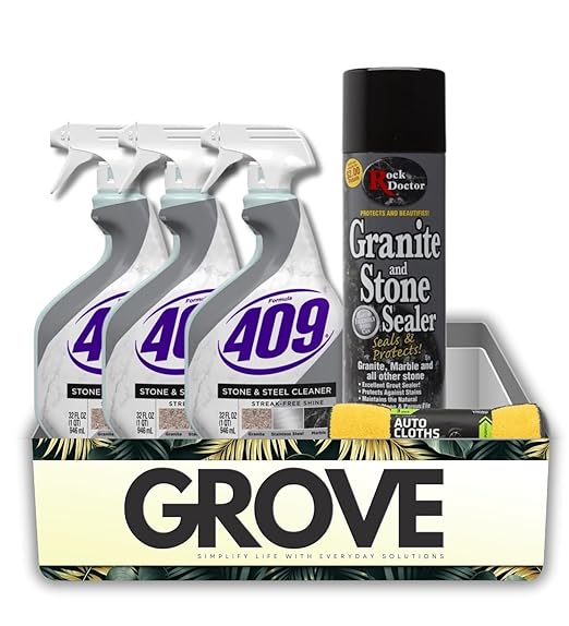 3x Formula 409 Multi-Surface Cleaner 32 oz Spray + Granite Sealer Bundle with Microfiber Towel – Cleans Seals &amp Protects Stone and Steel Surfaces – Gift Set (5 Items)