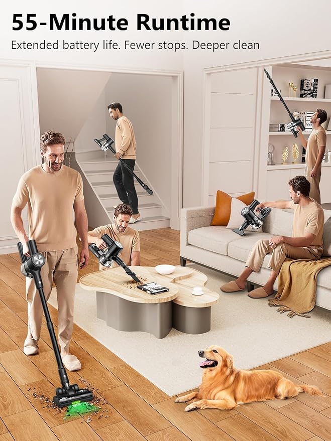 Cordless Vacuum Cleaner 46Kpa/55 Mins Vacuum Cleaners for Home Self-Standing Stick Vacuum with Rechargeable DockLED Display &amp Anti-TangleLightweight Vacuum for CarpetFloor (Pure Black)