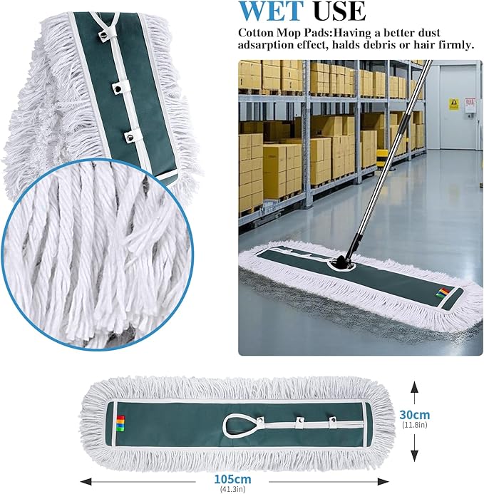 Commercial MopMasthome 42 Heavy Duty Dust Mop with Stainless Steel HandleLarge Industrial Mops for Floor Cleaning with 1 Cotton &amp 1 Microfiber PadWet &amp Dry Large Mops for HomeGarageSchoo
