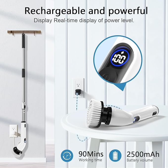 TUYU Electric Spin Scrubber Full-Body IPX7 Waterproof Bathroom Scrubber with Power LCD Display 8 Replacement Head Adjustable Extension Handle Cordless Shower Cleaner Brush for Bathtub Cleaning