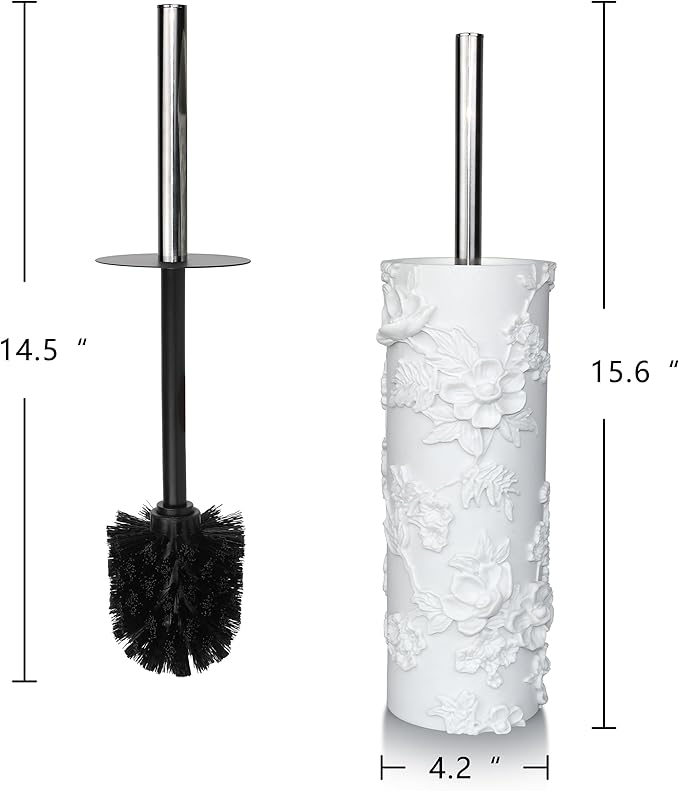 White Floral Branches Design Resin Toilet Bowl Brush and Holder Set Elegant Bathroom Cleaning Tool with Durable Bristles Compact and Functional