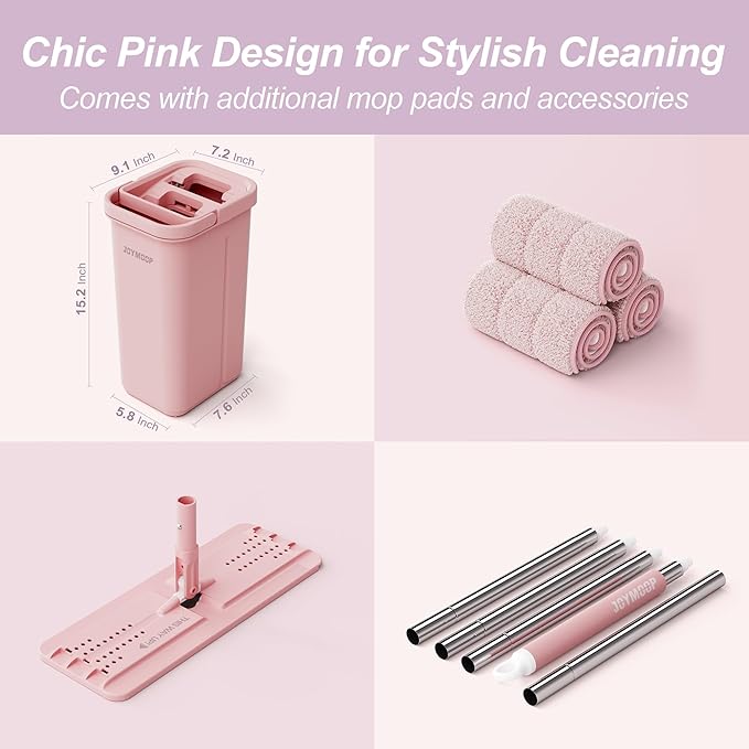 JOYMOOP Pink Mop and Bucket with Wringer Set for Home with 3 Reusable Microfiber Mop Pads Hands-Free Self-Cleaning System Suitable for Floor Cleaning and Wall Cleaner