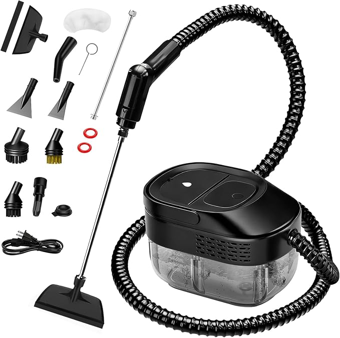 Pressurized Steam Cleaner 54oz Large Tank Portable Steamer for Cleaning with 15-Piece Kit 15s Fast Heat-Up 3-Level Control Handheld Steam Cleaner for Home Car Kitchen Tile Grout(black)