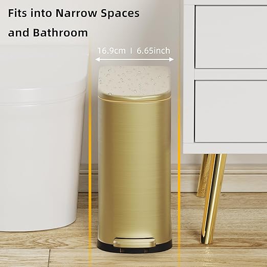 2.6 Gallon Slim Bathroom Trash Can with Soft Close Foot Pedal 10L Stainless Steel Garbage Can with Removable Liner Bucket for Narrow Spaces Bedroom Gold