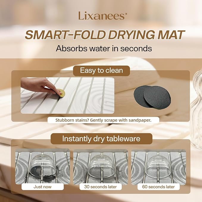 Stone Drying Mat for Kitchen Counter 23.62X15.35 Absorbent Diatomaceous Earth Bath MatRoll This Non-Slip Highly Absorbent Drying Mat Into a Compact Size for Seamless Storage in Drawers (Grey)