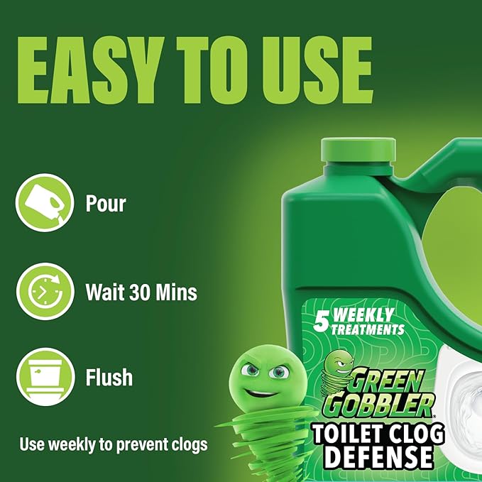 Green Gobbler Toilet Clog Defense - Coats Pipes to PREVENT Toilet Clogs and Improves Flush Performance - Safe for Septic - Great for Old Plumbing Low &amp Slow Flow Toilets 5 Treatments 60 oz