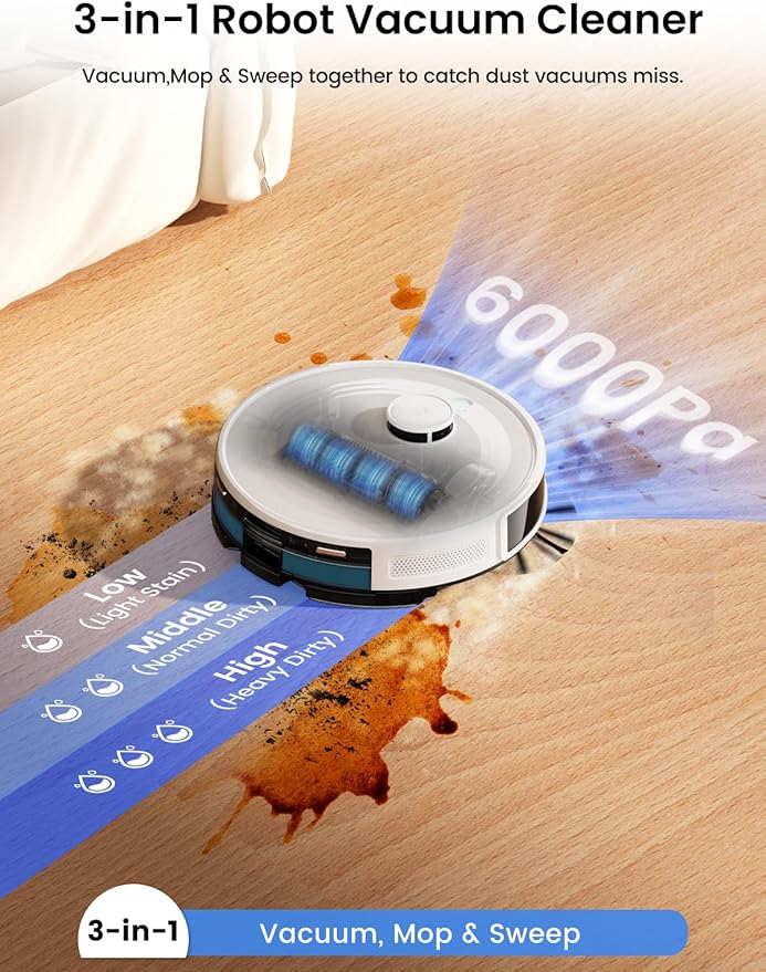 Lefant LiDAR Robot Vacuum and Mop 75-Day Self-Emptying 6000Pa Strong Suction Customized Cleaning Multi-Floor Mapping 130 Min Runtime 2.4G/5G WiFi/Alexa/APP/iWatch M2L Plus