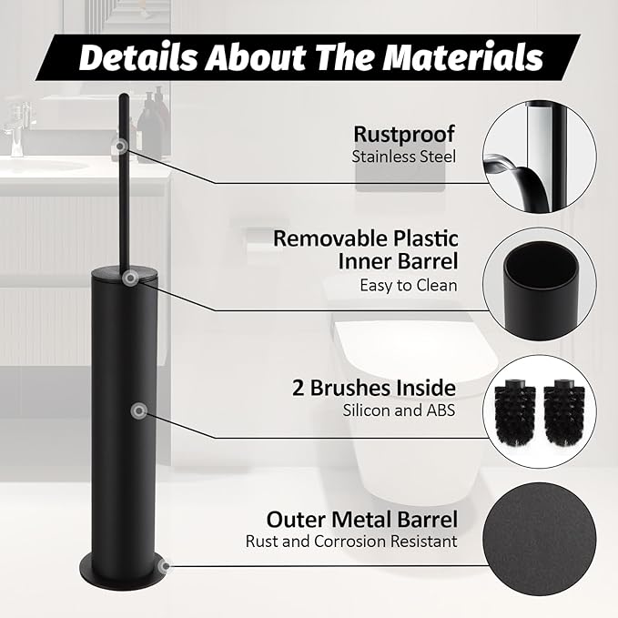 BGL Toilet Brush with Holder Set Matte Black Aluminium Standing for Bathroom Toilet Bowl Cleaner Brush and Holder Set Round Design