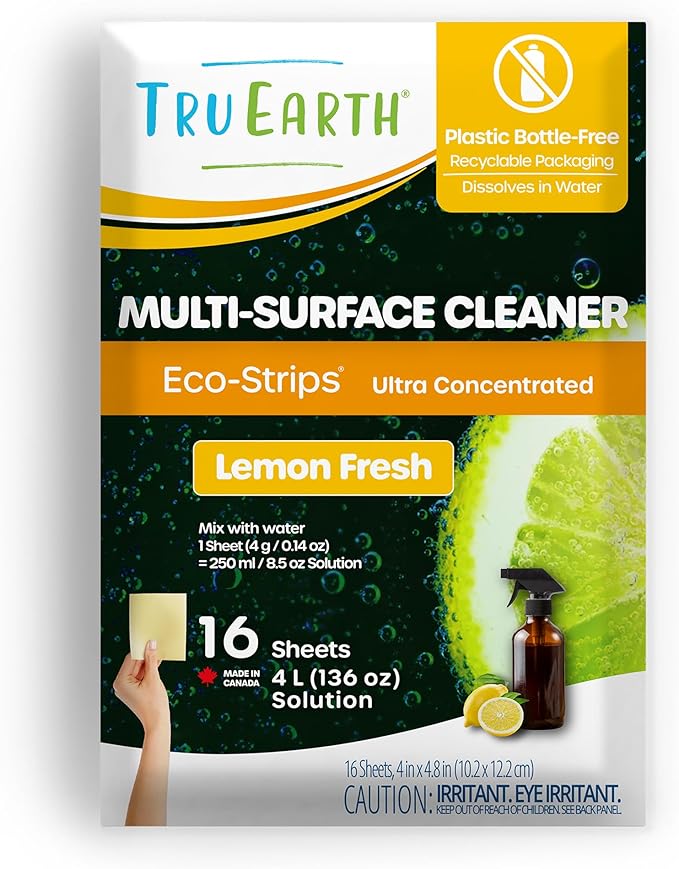 Tru Earth Multi-Surface Cleaner Eco-Strips | All Purpose Cleaner Concentrate for Multi-Use Fresh Lemon Scent 16 Strips