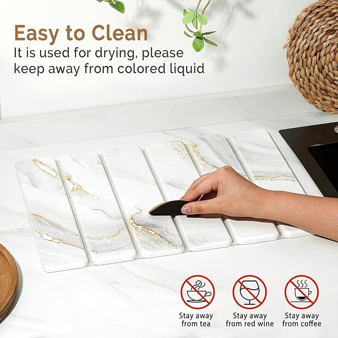 Small Stone Dish Drying Mat for Kitchen Counter 15.7×12 &amp 8x4 Quick Dry Stone Mats Foldable Water Absorbing Diatomaceous Earth Drying Dish Pad for Countertop Bottles Utensils Cup(Gold White)