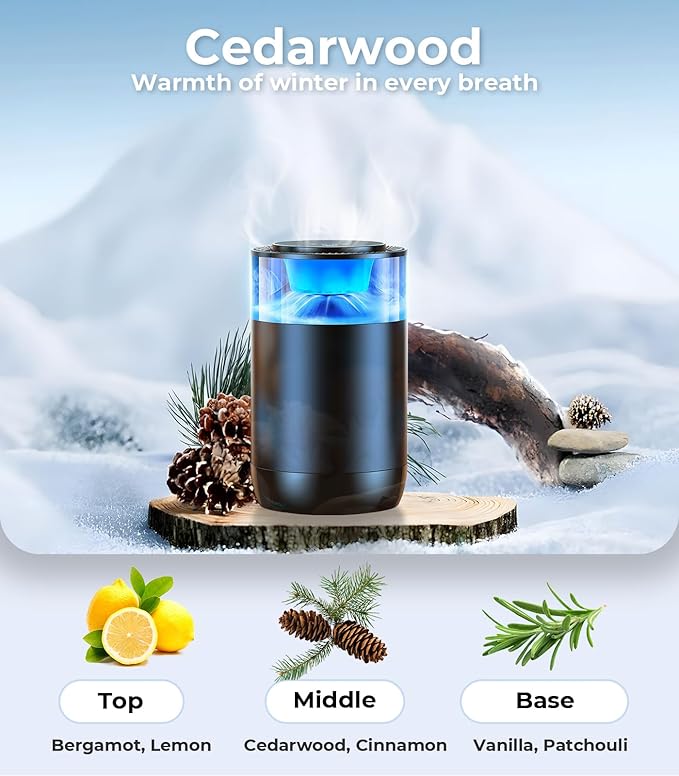 Smart Car Air Fresheners Ambient Light &amp Mist Fragrance Auto On/Off Car Air Freshener Diffuser Adjustable Intensity Lasts 6 Months Built-in Battery Premium Scents Refill X2 - Cedarwood