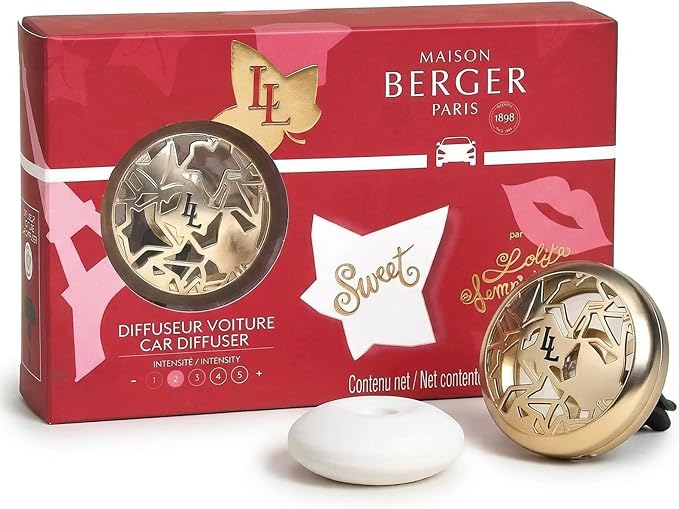 Maison Berger Luxury Car Diffuser Set Lolita Lempicka Sweet – Refillable Vent Clip with Ceramic Refill 4-Week Passive Diffusion Gourmand Fruity Scent Made in France