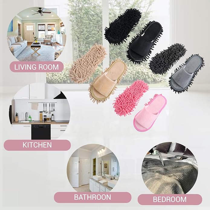 4 Pair Washable Mop ShoesRemovable Microfiber Cleaning SlippersMopping Slippers for Women and Men Home Office Floor Dust and Dirt Cleaning (Beige Gray Pink Black)