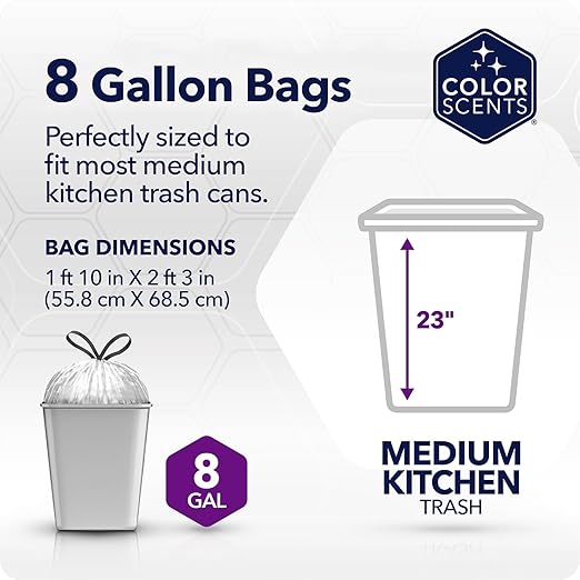 Color Scents Medium Trash Bags - 8 Gallon 200 Total Bags (8 Packs of 25 Count) Drawstring - Silver Bag in Simply Clean Scent with Microban