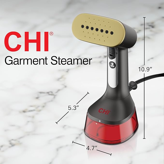 CHI Handheld Garment Steamer for Clothes 2 Continuous Steam Modes Full-Size 300 ml Capacity Water Tank Ergonomic Handle Vacation Essentials 1600 Watts 10’ Cord Red (11590) (Pack of 2)