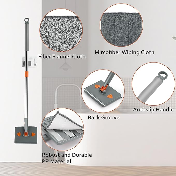 Base Board Cleaner Tool with Handle360°Rotating Wall Cleaner Mop180° Folding Ceiling Tool Duster with Squeegee for Cleaning Wall Ceiling WindowFloor8 Replacement Cleaning Pads