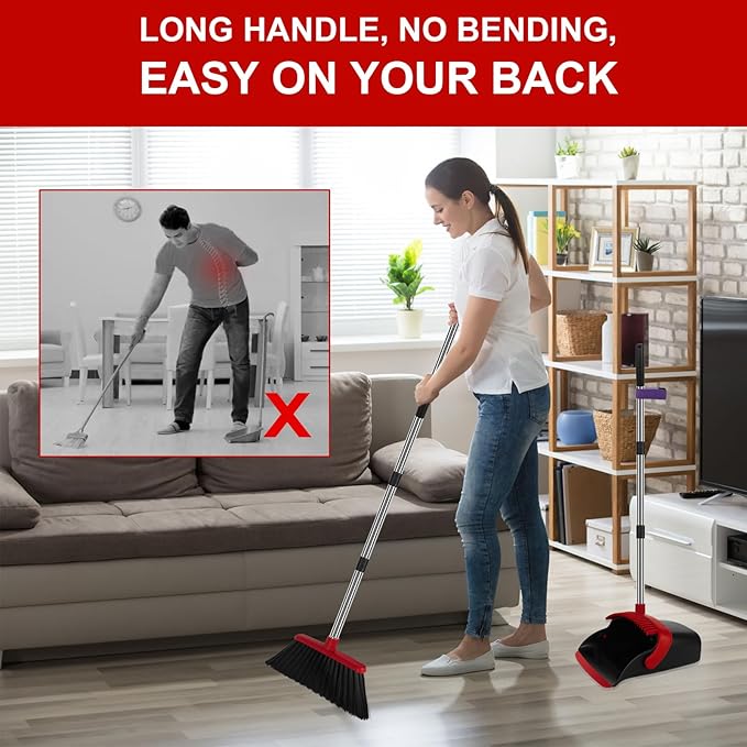 Broom and Dustpan Set Large Household Broom with Dustpan Combo Set 55 Inch Long Handle Red Dust Pan Combo Set for Home