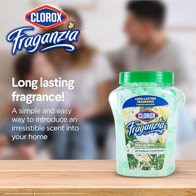Clorox Fraganzia Crystal Beads Air Freshener Long Lasting Room Deodorizer and Odor Eliminator Gel Beads to Freshen Home Car or Office White Lily Bloom Scent 12 Fl Oz - 12 Pack