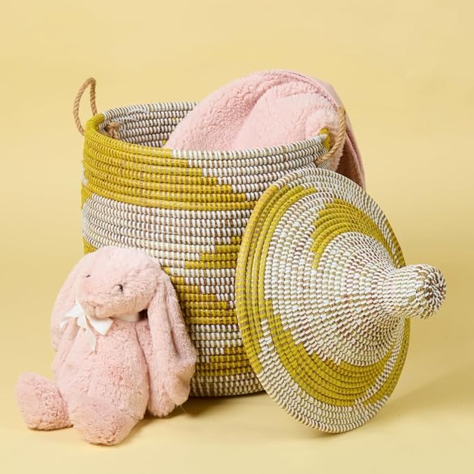 Toy Basket Handwoven African Basket 12 Inch Wide 14 Inch Tall Yellow and White