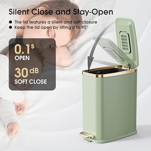 CEROELDA Small Bathroom Trash Can with Lid Soft Close-5L/1.3 Gal Slim Garbage Can-Metal Step Wastebasket-Rectangle Narrow Waste Bin for Office Bedroom Toilet Live Room-Green