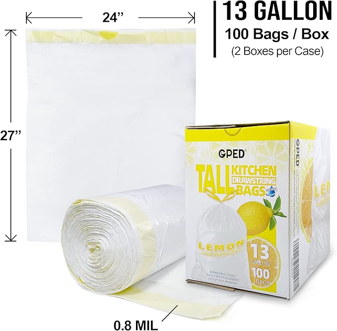 8NET 13 Gallon Kitchen Drawstring Trash liners Bags | 0.8 Mil | 24 x 27 - 100 Count Per Box (Box of 2) | Kitchen Home Office Bedroom Garbage Bags | Lemon Fresh Scent | White