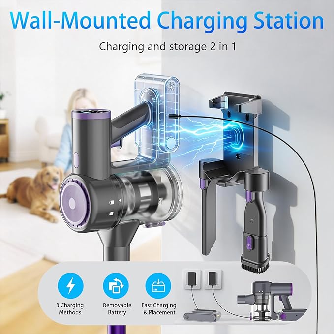 BlueEpic Cordless Vacuum Cleaner 45KPA 45Mins Rechargeable Vacuum Cordless Stick Vacuum with 2 Adjustable Modes Handheld Vacuum for Home/Pet Hair/Carpet/Floor (Purple)