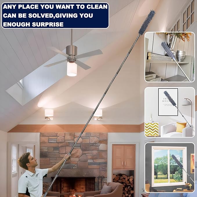 20+ Feet High Reach Duster Kit with 3-14 ft Extension Pole for Cleaning Fan Spider Web High Ceiling Blinds Furniture Cars - Cobweb Microfiber Duster // Outdoor &amp Indoor Extendable Duster