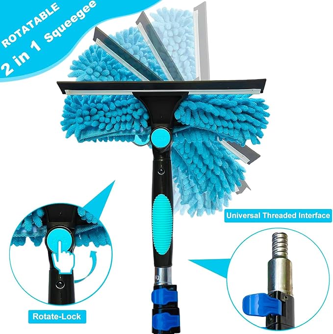20 Ft+ Reach 2 In 1 Window Squeegee Duster with 5-to-12 Foot Extension Pole Cleaner Tool with 3-Stage Telescoping Pole Cleaning Kit with Rotatable Head - Chenille Cloth + Microfibre Cloths Head