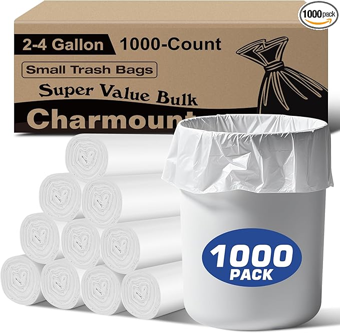 Charmount Small Trash Bags 2-4 Gallon 1000 Count Unscented White Plastic Wastebasket Liners for Bathroom Mini Garbage Can or Bin
