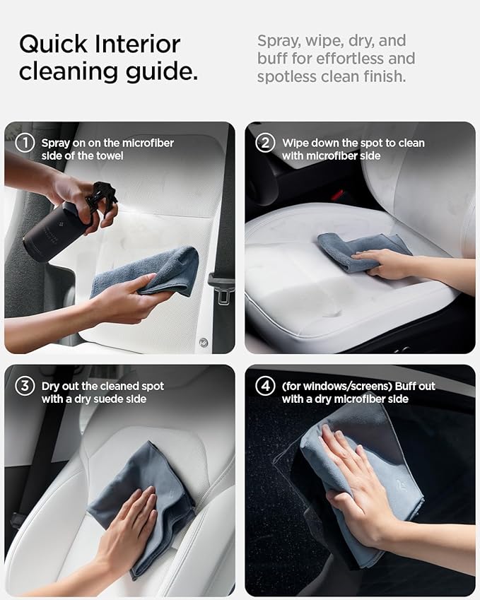 Spigen Car Interior Seat Cleaner &amp Stain Remover [Safe &amp Eco-Friendly Solution] Kit with CyberCase &amp Double-Sided Microfiber Towel Accessories for Tesla White/Black Leather Seats Dashboar