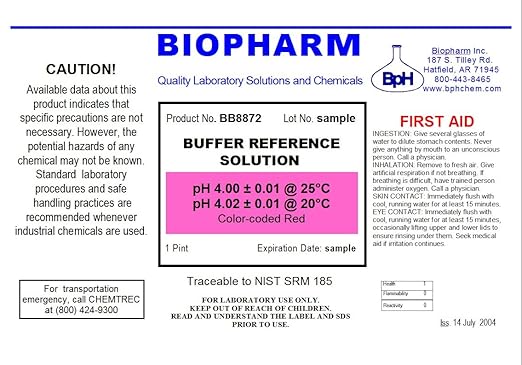 pH Buffer Calibration Solution Kit 2-Pack — one pH 4.00 (red) and one pH 7.00 (Yellow) Each 500 mL (1.06 Pint) — NIST Traceable Reference Standards for All pH Meters