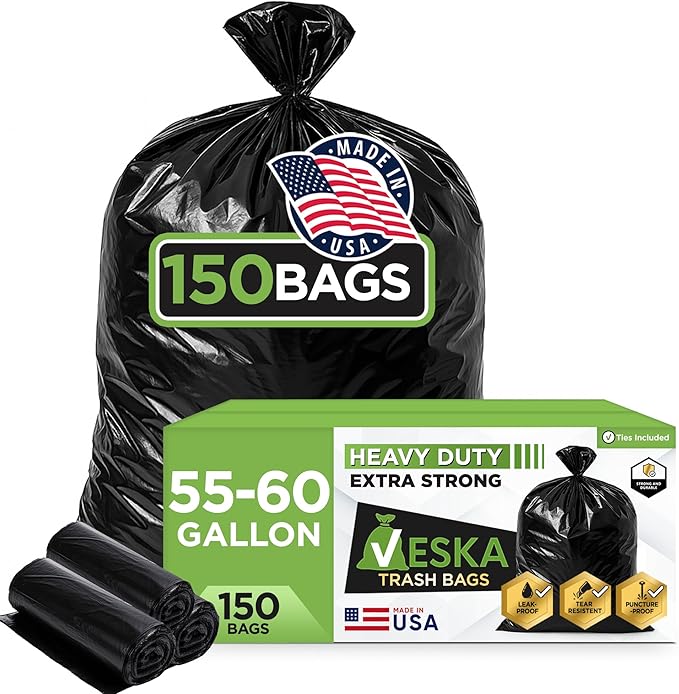 Veska 55-60 Gallon Trash Bags Heavy Duty | MegaValue Pack 150 COUNT | Large Black Garbage Bags Outdoor Trash Can Liners for Lawn Leaf and Household Cleanup