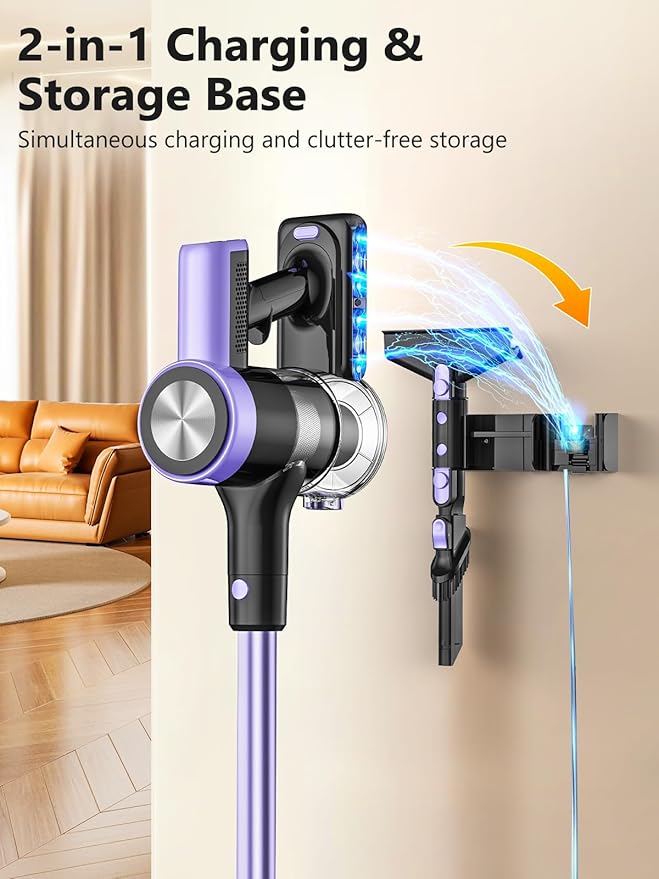 Cordless Vacuum Cleaner 55KPa/500W Stick Vacuum with 55 Mins Runtime Self-Standing Vacuum Cleaner for Home LED Display Anti-Tangle Brush Rechargeable Vacuum for Hardwood Floor Pet Hair (Purple)