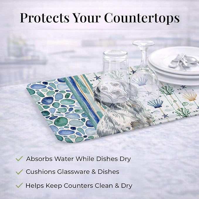 Caroline's Treasures Blue Belton English Setter Coastal Sea Glass Dish Drying Mat Absorbent Dish Drying Mat Pad for Kitchen Counter Dish Drainer Mat for Countertop 14 x 21 Multicolor