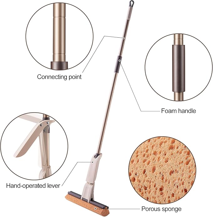 Eyliden Sponge Mop Easy Squeeze Wringing Mop with 2 Reusable Heads Absorbent Honeycomb Sponge for Home and Commercial Use Hardwood Laminate Tile Marble Ceramic Floors Cleaning